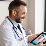 Telemedicine Consultation**

Prompt: "A friendly doctor having a video call with a smiling patient in their living room. The patient is holding a tablet, and the doctor is in a modern office. Bright, natural lighting. Emphasize convenience and accessibility."

**