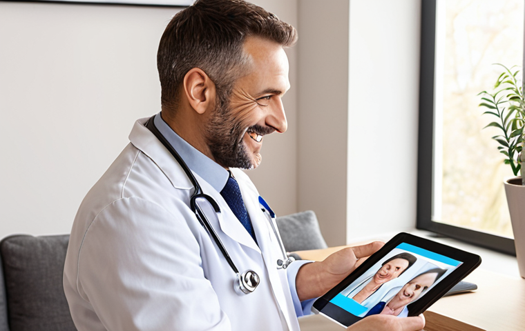 Telemedicine Consultation**

Prompt: "A friendly doctor having a video call with a smiling patient in their living room. The patient is holding a tablet, and the doctor is in a modern office. Bright, natural lighting. Emphasize convenience and accessibility."

**