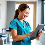 A professional female doctor, fully clothed in a modest, modern scrubs uniform, is smiling confidently while interacting seamlessly with an intuitive digital health tablet. She is seated at a clean, contemporary clinic desk with a minimalistic design, bathed in soft, natural light. The tablet screen displays a clear, user-friendly interface for a patient portal, demonstrating ease of use and efficient healthcare management. perfect anatomy, correct proportions, natural pose, well-formed hands, proper finger count, professional photography, high resolution, soft focus background, safe for work, appropriate content, fully clothed, professional, family-friendly.