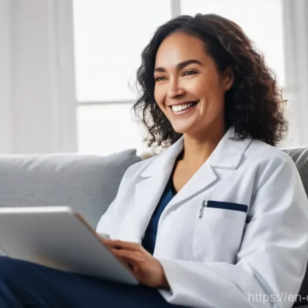 원격 진료 플랫폼의 기능 비교 - **Prompt:** A diverse woman in her late 30s, dressed in comfortable but stylish loungewear, sits on ...