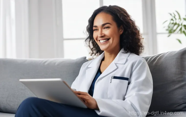 원격 진료 플랫폼의 기능 비교 - **Prompt:** A diverse woman in her late 30s, dressed in comfortable but stylish loungewear, sits on ...
