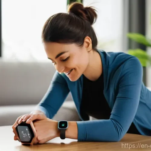 스마트 헬스케어 기기의 발전 방향 - **Prompt:** A serene, mid-30s woman with a warm smile, dressed in a comfortable, light grey athletic...