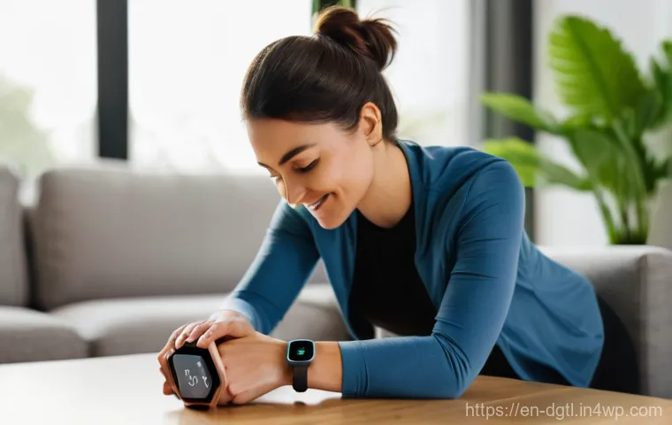 스마트 헬스케어 기기의 발전 방향 - **Prompt:** A serene, mid-30s woman with a warm smile, dressed in a comfortable, light grey athletic...