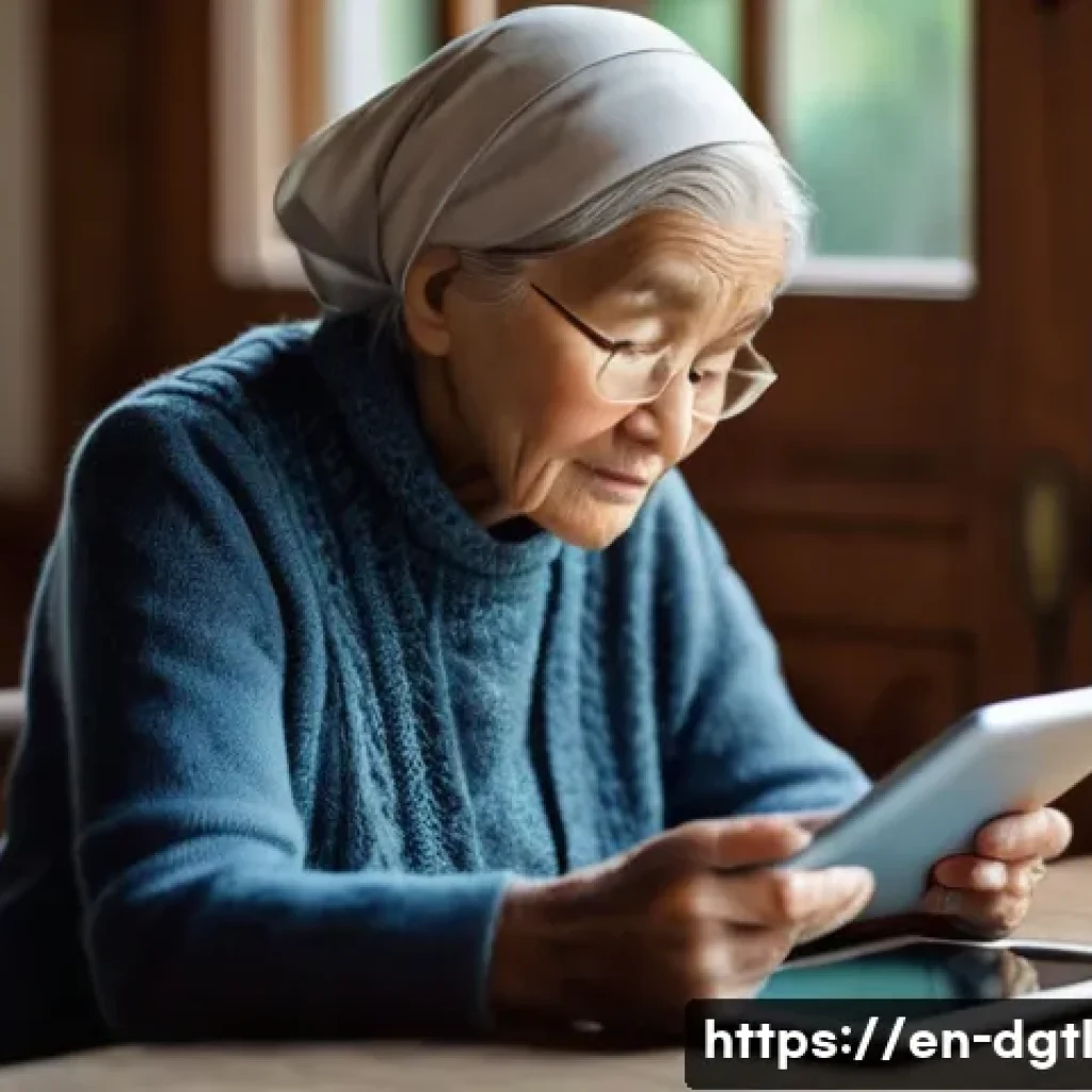 원격 진료의 윤리적 쟁점 - **Prompt:** A heartwarming scene depicting "Navigating the Digital Divide." An elderly woman with ki...