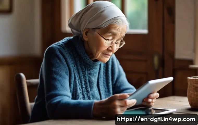 원격 진료의 윤리적 쟁점 - **Prompt:** A heartwarming scene depicting "Navigating the Digital Divide." An elderly woman with ki...