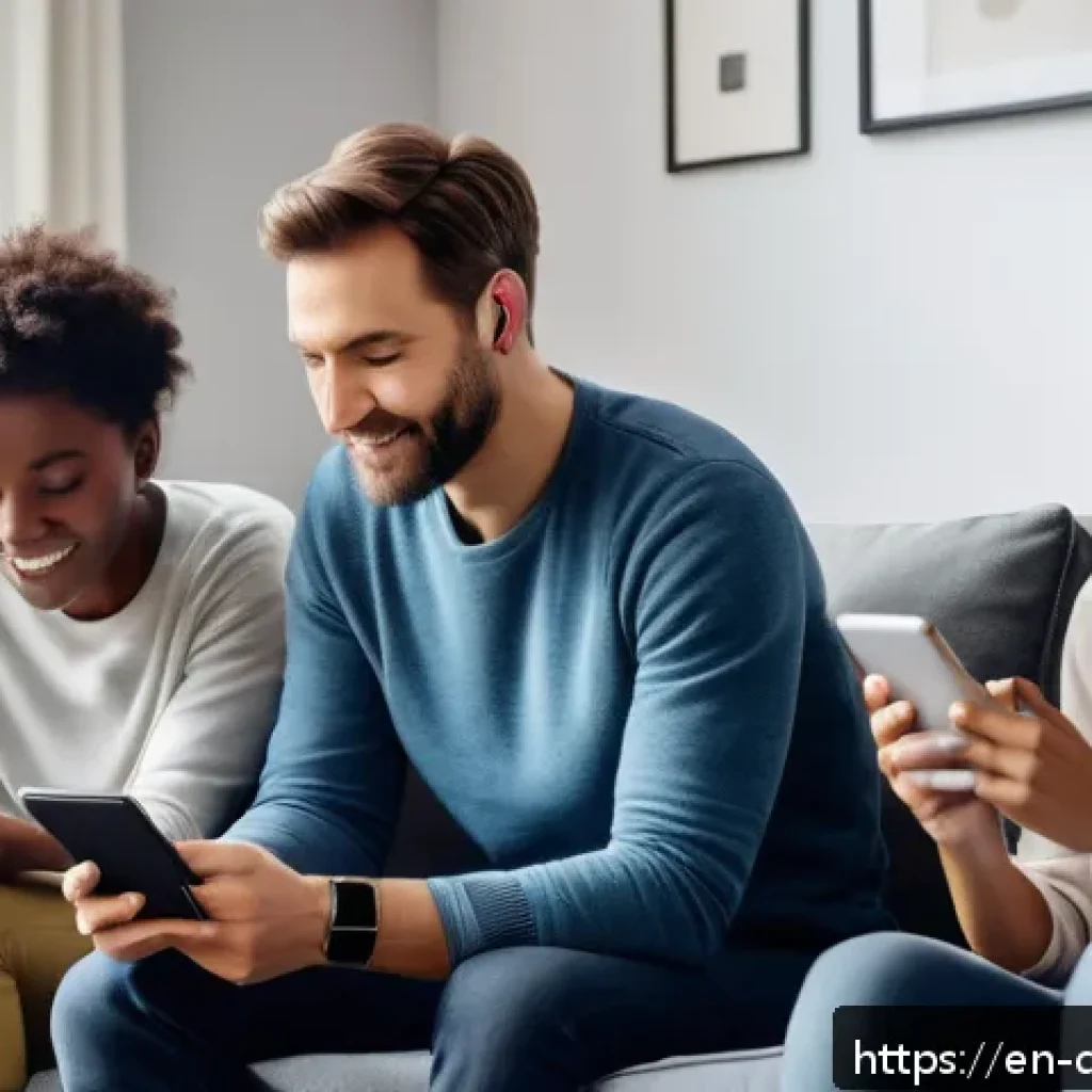 디지털 치료제의 효과와 사례 - A diverse group of adults using digital health devices at home, including a middle-aged woman intera...