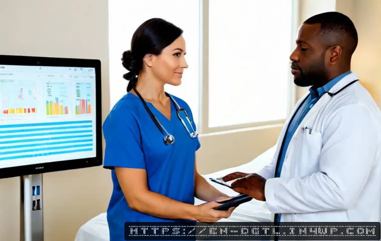 의료용 소프트웨어의 발전 방향 - Photorealistic modern hospital innovation scene, a diverse clinical team reviewing an advanced medic...